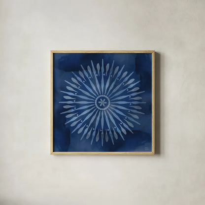 Indigo Splash III by Dina June. Shown in a natural wood glass frame for a timeless modern aesthetic. Available as an archival giclee rolled canvas, fine art paper, or poster print. SKU 71922a.