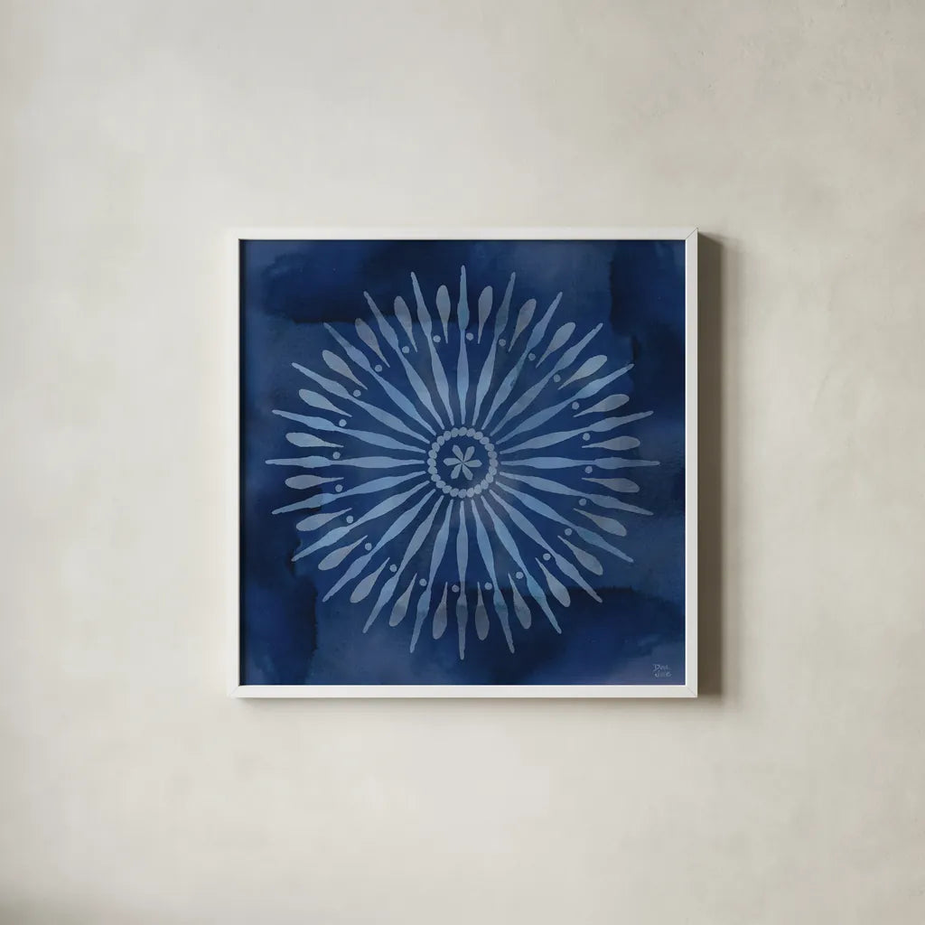 Indigo Splash III by Dina June. Shown in a crisp white glass frame for a clean and minimalist style. Available as an archival giclee rolled canvas, fine art paper, or poster print. SKU 71922a.
