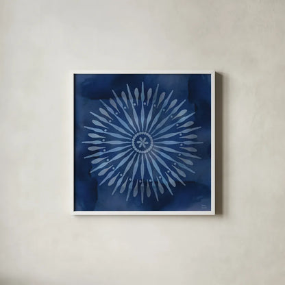 Indigo Splash III by Dina June. Shown in a crisp white glass frame for a clean and minimalist style. Available as an archival giclee rolled canvas, fine art paper, or poster print. SKU 71922a.
