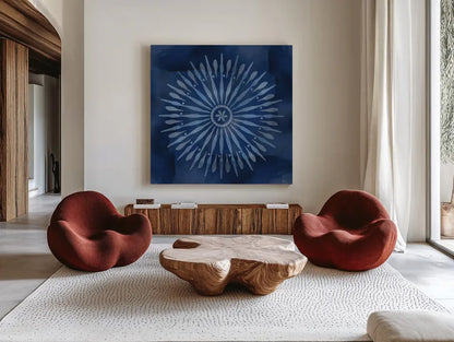 Indigo Splash III by Dina June. Shown as extra-large giant wall art in a modern living room. Available as an archival giclee rolled canvas, fine art paper, or poster print. SKU 71922a.