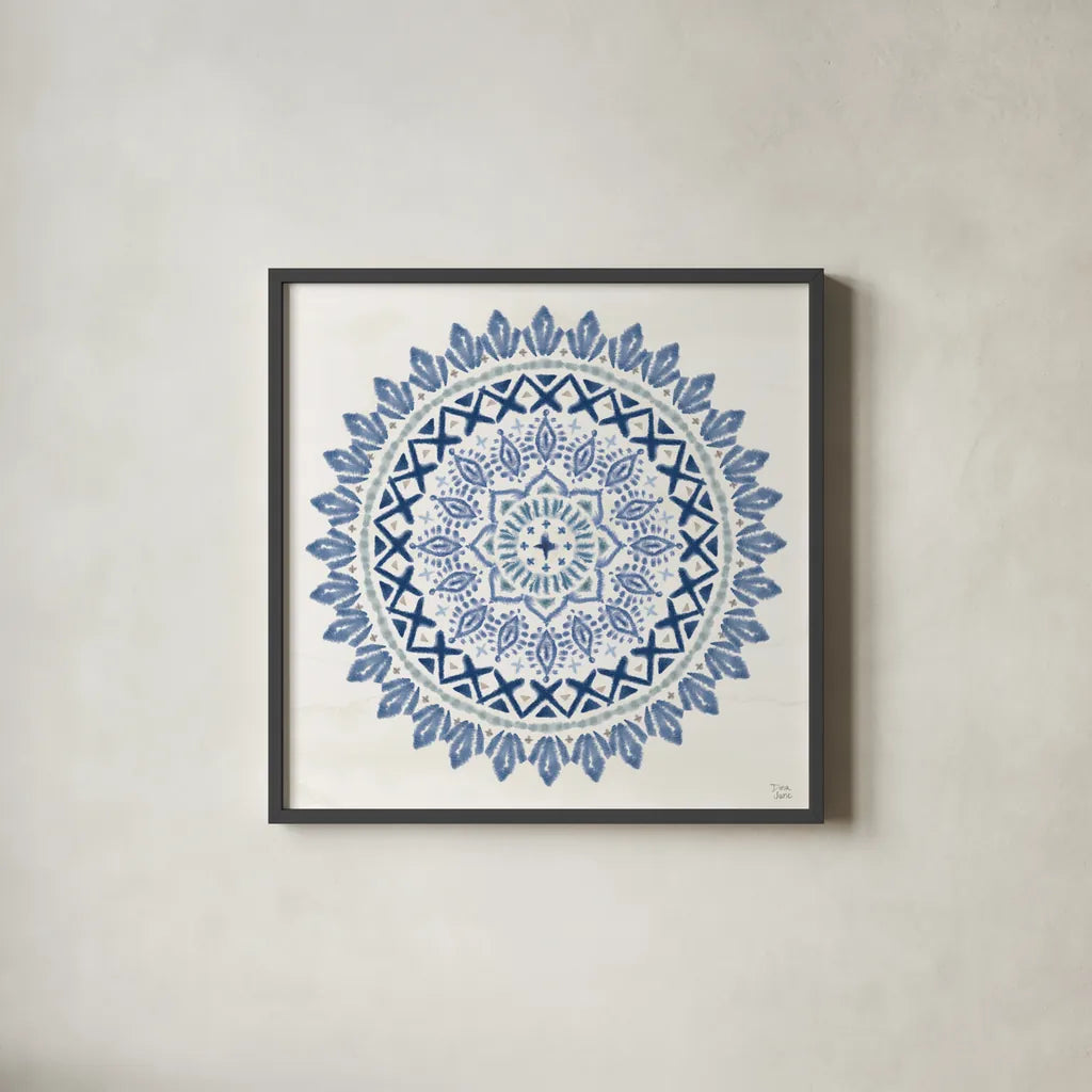 Indigo Splash IV by Dina June. Shown in a sleek black glass frame for a contemporary gallery look. Available as an archival giclee rolled canvas, fine art paper, or poster print. SKU 71923a.