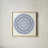Indigo Splash IV by Dina June. Shown in a natural wood glass frame for a timeless modern aesthetic. Available as an archival giclee rolled canvas, fine art paper, or poster print. SKU 71923a.