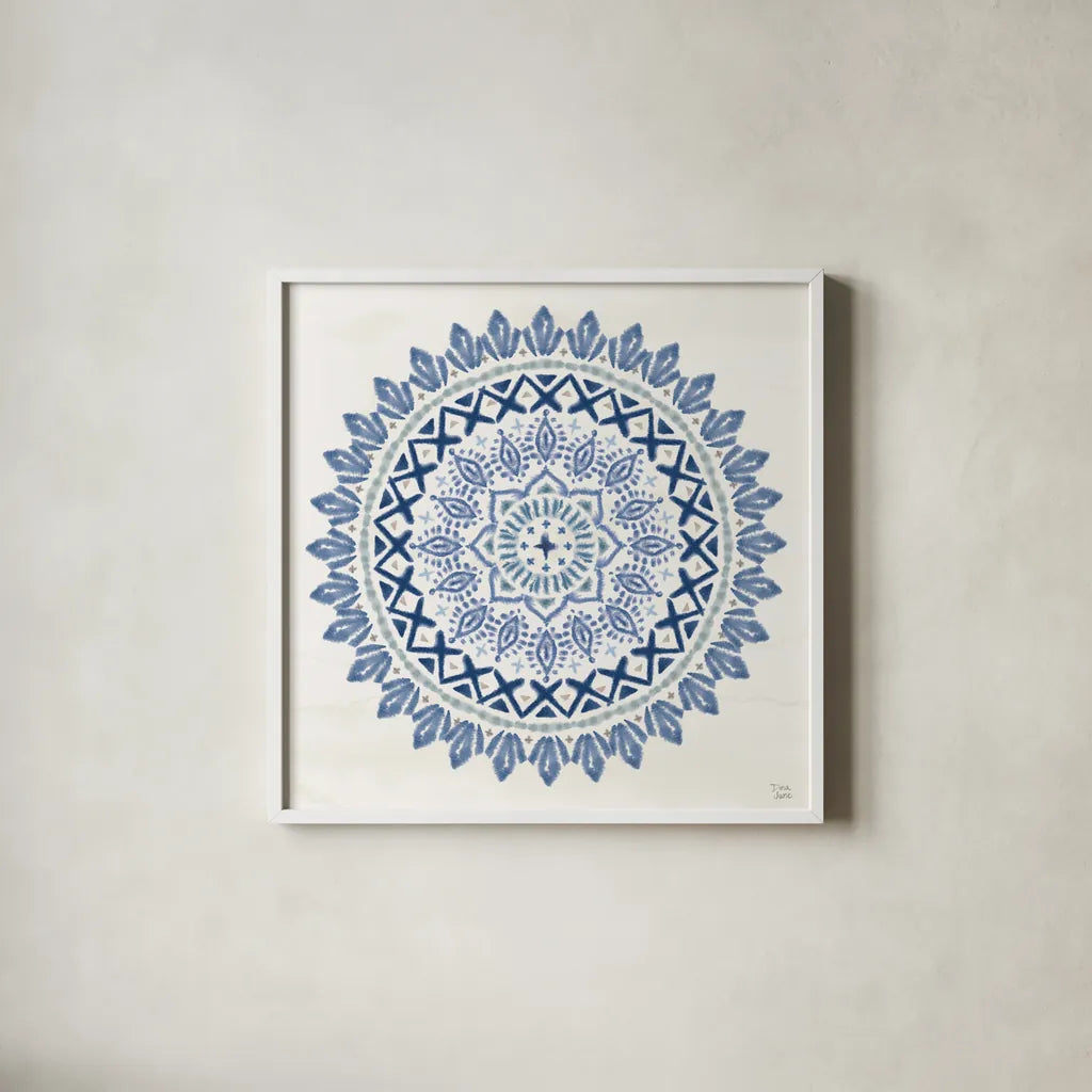 Indigo Splash IV by Dina June. Shown in a crisp white glass frame for a clean and minimalist style. Available as an archival giclee rolled canvas, fine art paper, or poster print. SKU 71923a.