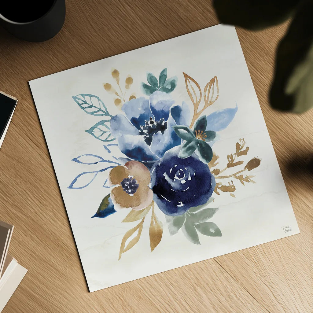 Indigo Splash IX by Dina June. Shown as a detailed flat fine art print, highlighting archival giclee quality. Available as an archival giclee rolled canvas, fine art paper, or poster print. SKU 71928a.