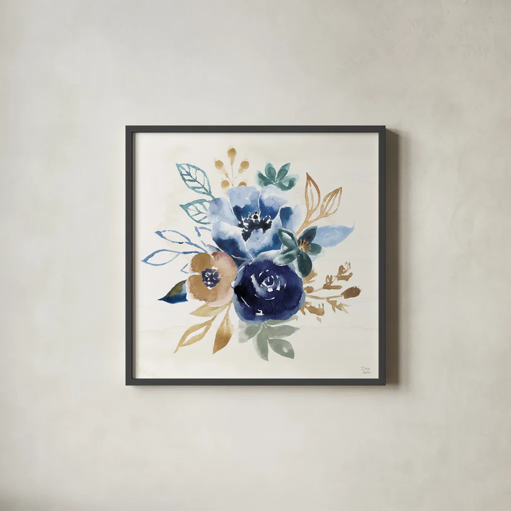 Indigo Splash IX by Dina June. Shown in a sleek black glass frame for a contemporary gallery look. Available as an archival giclee rolled canvas, fine art paper, or poster print. SKU 71928a.