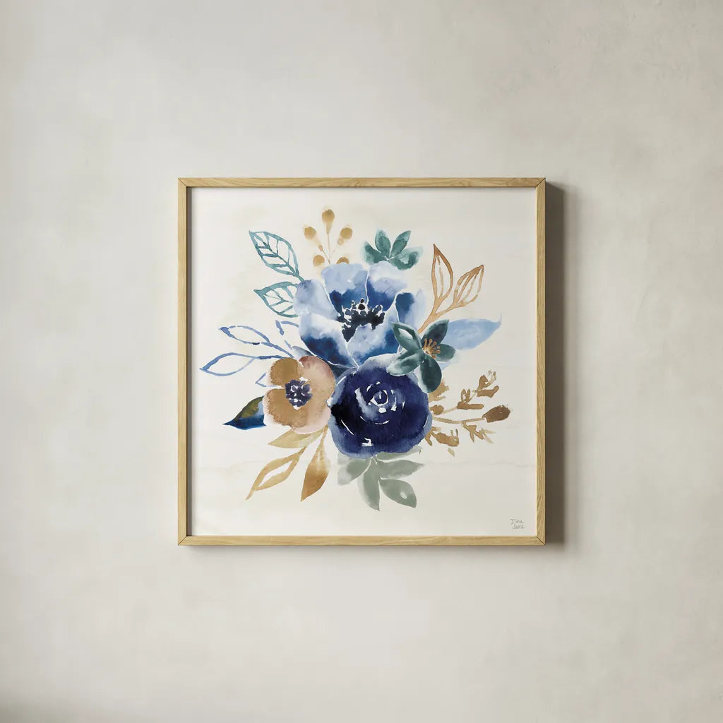 Indigo Splash IX by Dina June. Shown in a natural wood glass frame for a timeless modern aesthetic. Available as an archival giclee rolled canvas, fine art paper, or poster print. SKU 71928a.