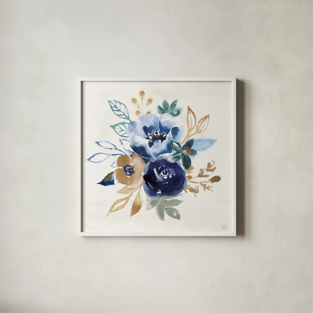 Indigo Splash IX by Dina June. Shown in a crisp white glass frame for a clean and minimalist style. Available as an archival giclee rolled canvas, fine art paper, or poster print. SKU 71928a.