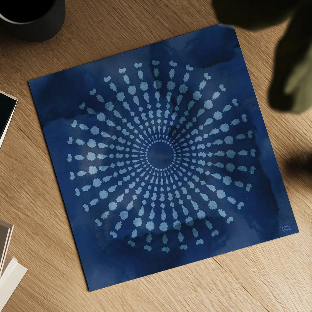 Indigo Splash V by Dina June. Shown as a detailed flat fine art print, highlighting archival giclee quality. Available as an archival giclee rolled canvas, fine art paper, or poster print. SKU 71924a.