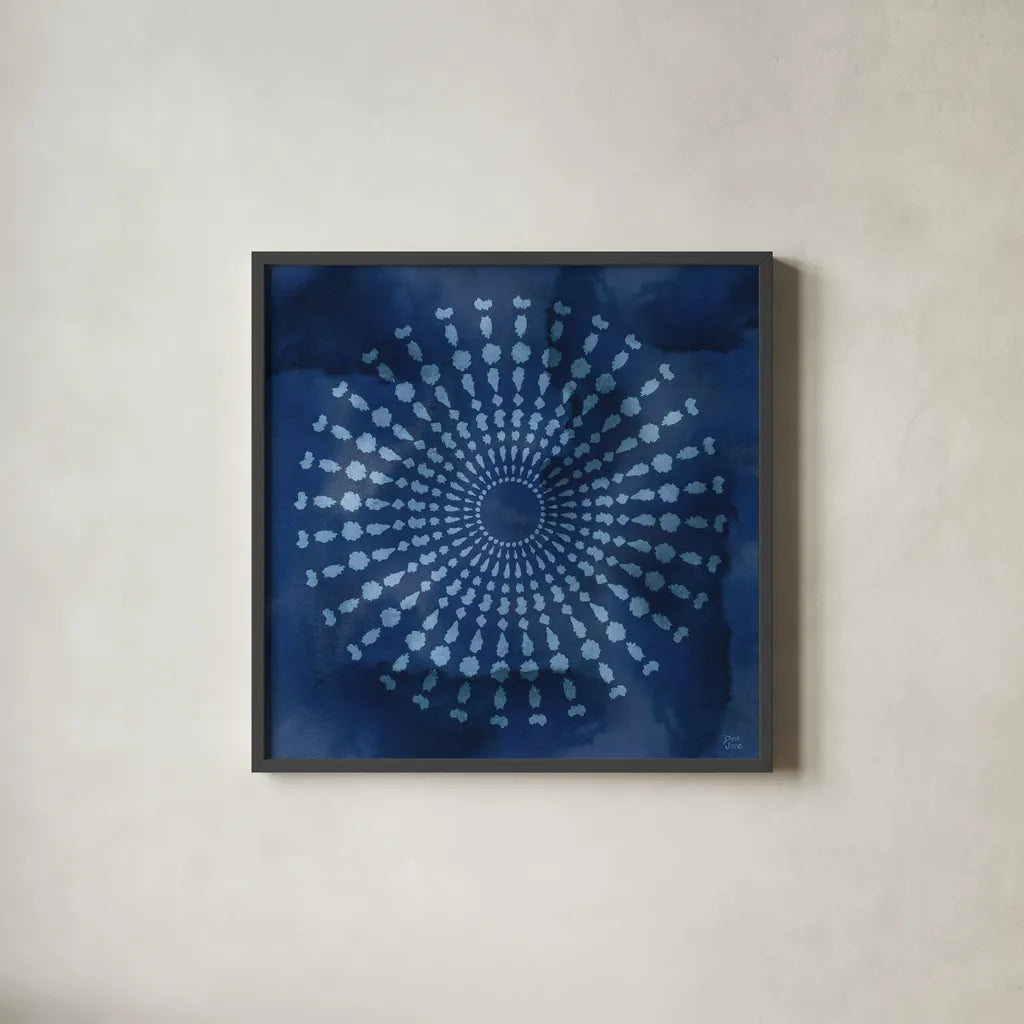 Indigo Splash V by Dina June. Shown in a sleek black glass frame for a contemporary gallery look. Available as an archival giclee rolled canvas, fine art paper, or poster print. SKU 71924a.