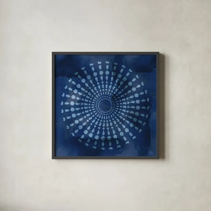 Indigo Splash V by Dina June. Shown in a sleek black glass frame for a contemporary gallery look. Available as an archival giclee rolled canvas, fine art paper, or poster print. SKU 71924a.