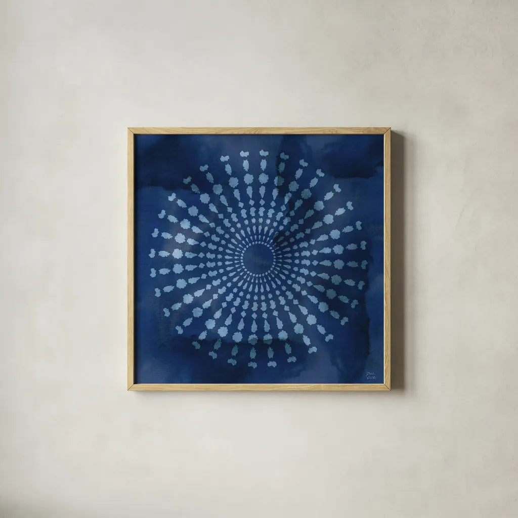 Indigo Splash V by Dina June. Shown in a natural wood glass frame for a timeless modern aesthetic. Available as an archival giclee rolled canvas, fine art paper, or poster print. SKU 71924a.