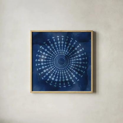 Indigo Splash V by Dina June. Shown in a natural wood glass frame for a timeless modern aesthetic. Available as an archival giclee rolled canvas, fine art paper, or poster print. SKU 71924a.
