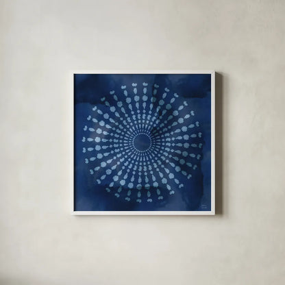 Indigo Splash V by Dina June. Shown in a crisp white glass frame for a clean and minimalist style. Available as an archival giclee rolled canvas, fine art paper, or poster print. SKU 71924a.