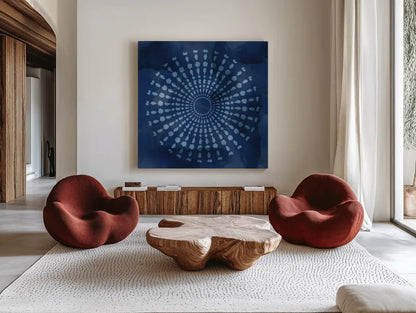 Indigo Splash V by Dina June. Shown as extra-large giant wall art in a modern living room. Available as an archival giclee rolled canvas, fine art paper, or poster print. SKU 71924a.