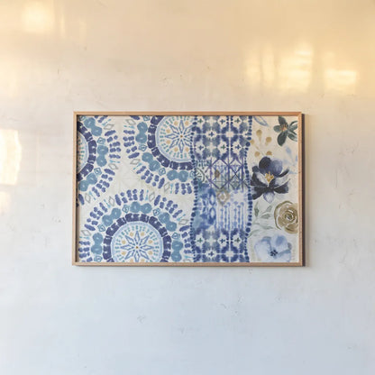 Indigo Splash VI by Dina June. shown as a paper print in a natural frame. Available as a archival giclee rolled canvas, fine art paper, or poster print. SKU 71925i.