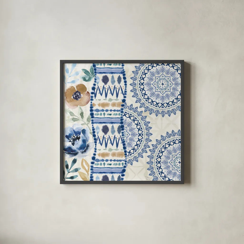 Indigo Splash VII by Dina June. Shown in a sleek black glass frame for a contemporary gallery look. Available as an archival giclee rolled canvas, fine art paper, or poster print. SKU 71926a.