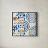 Indigo Splash VII by Dina June. Shown in a sleek black glass frame for a contemporary gallery look. Available as an archival giclee rolled canvas, fine art paper, or poster print. SKU 71926a.