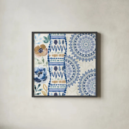 Indigo Splash VII by Dina June. Shown in a sleek black glass frame for a contemporary gallery look. Available as an archival giclee rolled canvas, fine art paper, or poster print. SKU 71926a.