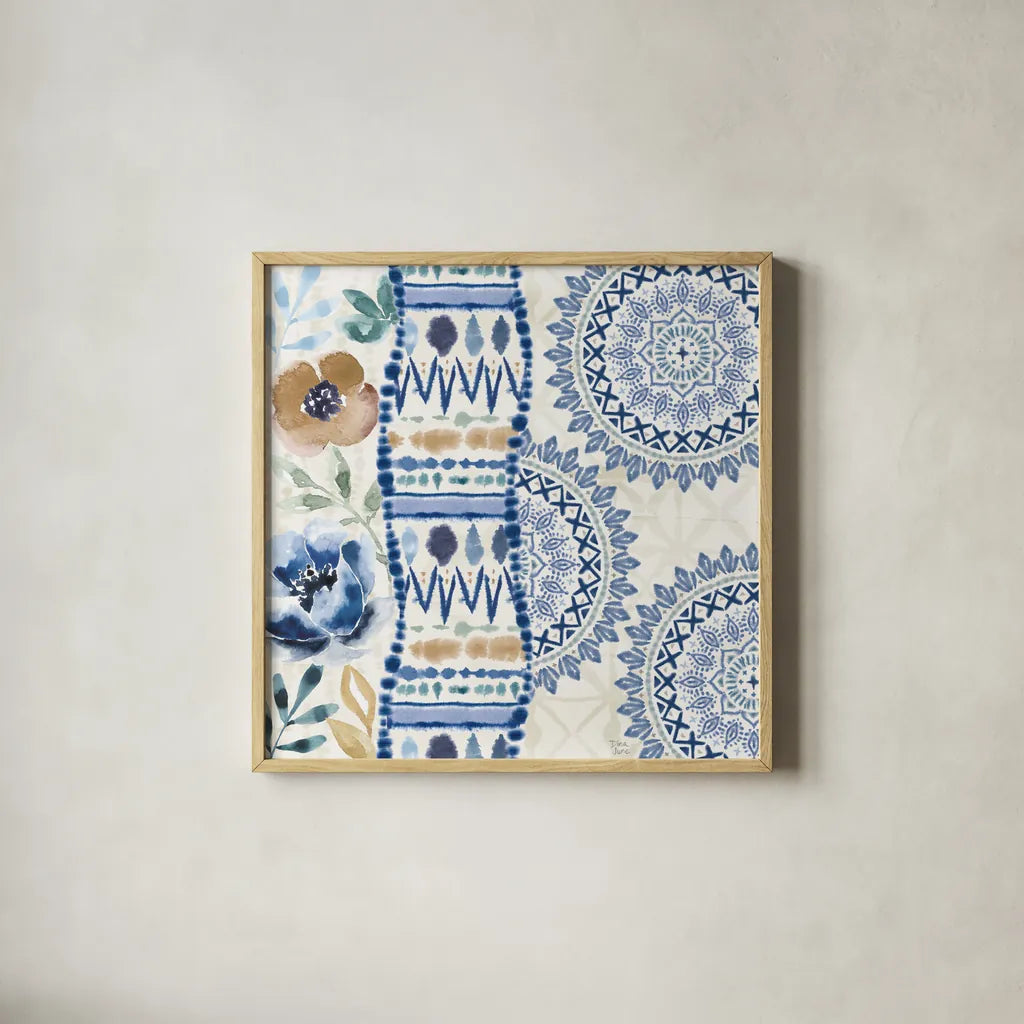 Indigo Splash VII by Dina June. Shown in a natural wood glass frame for a timeless modern aesthetic. Available as an archival giclee rolled canvas, fine art paper, or poster print. SKU 71926a.