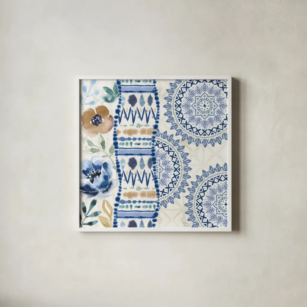 Indigo Splash VII by Dina June. Shown in a crisp white glass frame for a clean and minimalist style. Available as an archival giclee rolled canvas, fine art paper, or poster print. SKU 71926a.