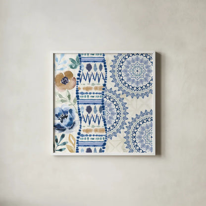 Indigo Splash VII by Dina June. Shown in a crisp white glass frame for a clean and minimalist style. Available as an archival giclee rolled canvas, fine art paper, or poster print. SKU 71926a.