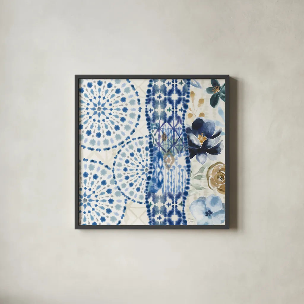 Indigo Splash VIII by Dina June. Shown in a sleek black glass frame for a contemporary gallery look. Available as an archival giclee rolled canvas, fine art paper, or poster print. SKU 71927a.