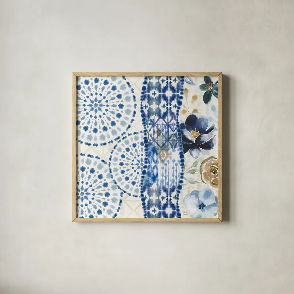 Indigo Splash VIII by Dina June. Shown in a natural wood glass frame for a timeless modern aesthetic. Available as an archival giclee rolled canvas, fine art paper, or poster print. SKU 71927a.