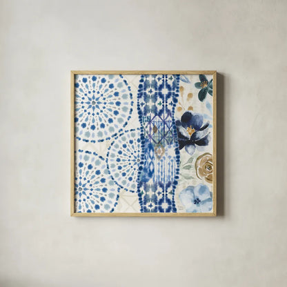 Indigo Splash VIII by Dina June. Shown in a natural wood glass frame for a timeless modern aesthetic. Available as an archival giclee rolled canvas, fine art paper, or poster print. SKU 71927a.