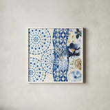 Indigo Splash VIII by Dina June. Shown in a crisp white glass frame for a clean and minimalist style. Available as an archival giclee rolled canvas, fine art paper, or poster print. SKU 71927a.