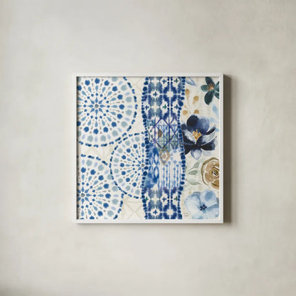 Indigo Splash VIII by Dina June. Shown in a crisp white glass frame for a clean and minimalist style. Available as an archival giclee rolled canvas, fine art paper, or poster print. SKU 71927a.