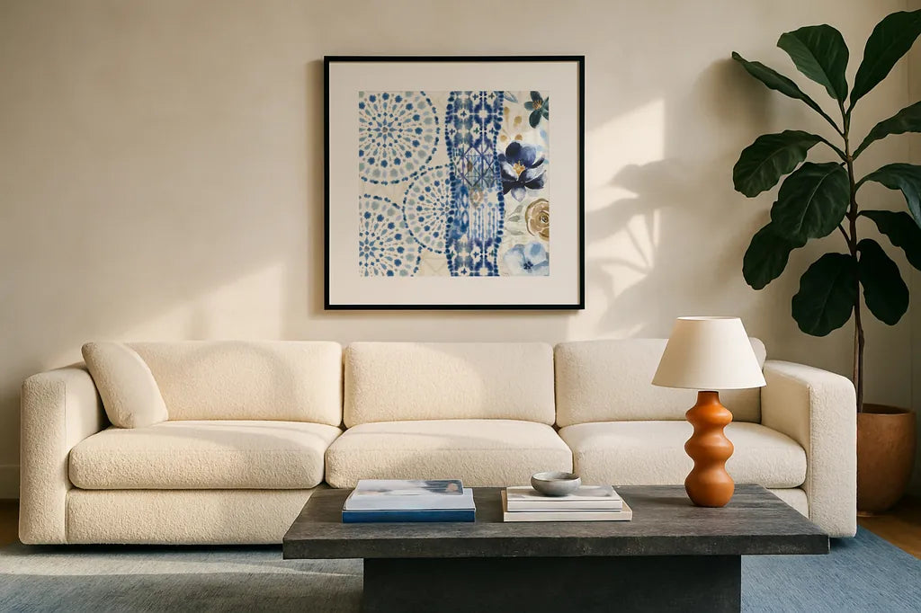 Indigo Splash VIII by Dina June. Displayed in a glass frame with matte in a clean modern living room. Available as an archival giclee rolled canvas, fine art paper, or poster print. SKU 71927a.