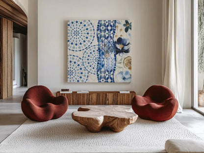 Indigo Splash VIII by Dina June. Shown as extra-large giant wall art in a modern living room. Available as an archival giclee rolled canvas, fine art paper, or poster print. SKU 71927a.
