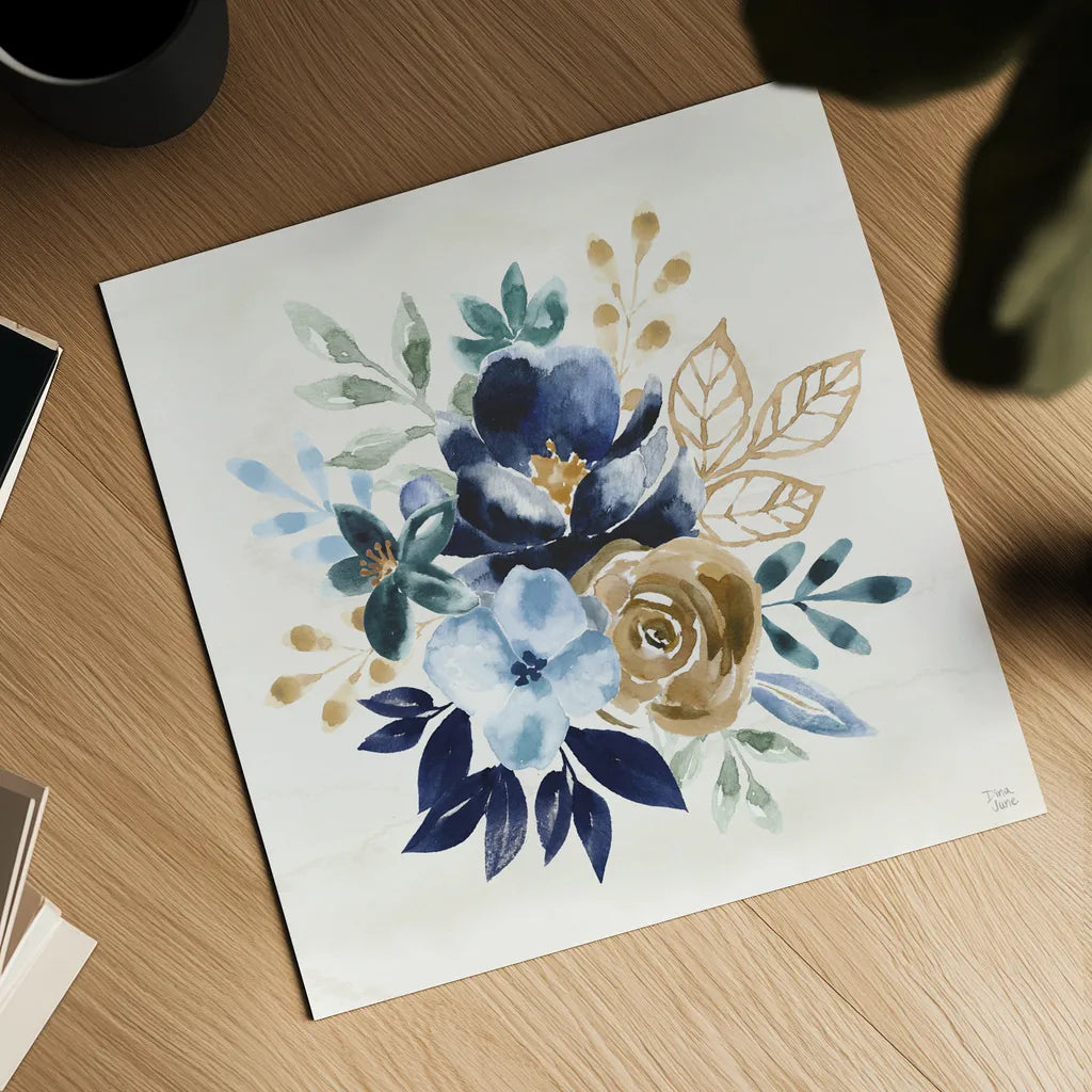 Indigo Splash X by Dina June. Shown as a detailed flat fine art print, highlighting archival giclee quality. Available as an archival giclee rolled canvas, fine art paper, or poster print. SKU 71929a.