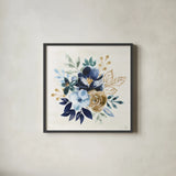 Indigo Splash X by Dina June. Shown in a sleek black glass frame for a contemporary gallery look. Available as an archival giclee rolled canvas, fine art paper, or poster print. SKU 71929a.
