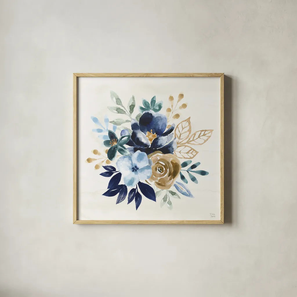 Indigo Splash X by Dina June. Shown in a natural wood glass frame for a timeless modern aesthetic. Available as an archival giclee rolled canvas, fine art paper, or poster print. SKU 71929a.