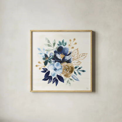 Indigo Splash X by Dina June. Shown in a natural wood glass frame for a timeless modern aesthetic. Available as an archival giclee rolled canvas, fine art paper, or poster print. SKU 71929a.