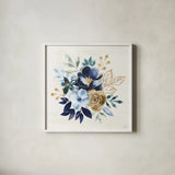 Indigo Splash X by Dina June. Shown in a crisp white glass frame for a clean and minimalist style. Available as an archival giclee rolled canvas, fine art paper, or poster print. SKU 71929a.