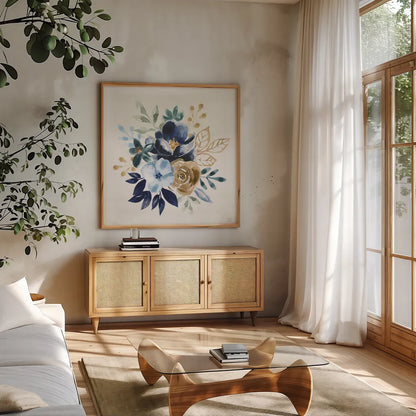 Indigo Splash X by Dina June. Shown in a natural wood frame in a cozy modern living room. Available as an archival giclee rolled canvas, fine art paper, or poster print. SKU 71929a.