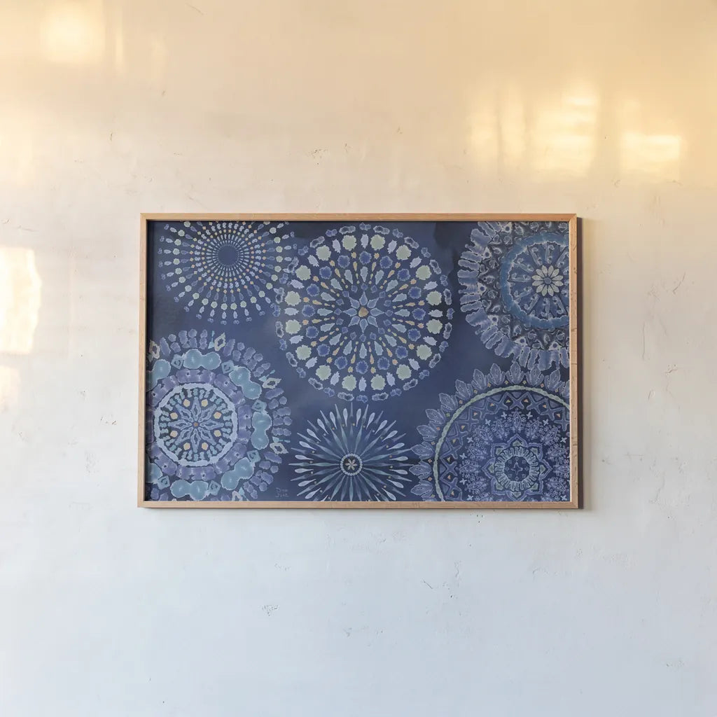 Indigo Splash XI by Dina June. shown as a paper print in a natural frame. Available as a archival giclee rolled canvas, fine art paper, or poster print. SKU 71930i.