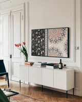 Kasbah Crush I by Dina June. shown as a framed stretched canvas in a living room above a console. Available as a archival giclee rolled canvas, fine art paper, or poster print. SKU 64292i.