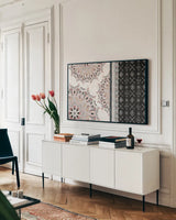 Kasbah Crush II by Dina June. shown as a framed stretched canvas in a living room above a console. Available as a archival giclee rolled canvas, fine art paper, or poster print. SKU 64293i.
