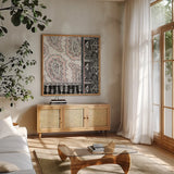 Kasbah Crush IV by Dina June. Shown in a natural wood frame in a cozy modern living room. Available as an archival giclee rolled canvas, fine art paper, or poster print. SKU 64295a.