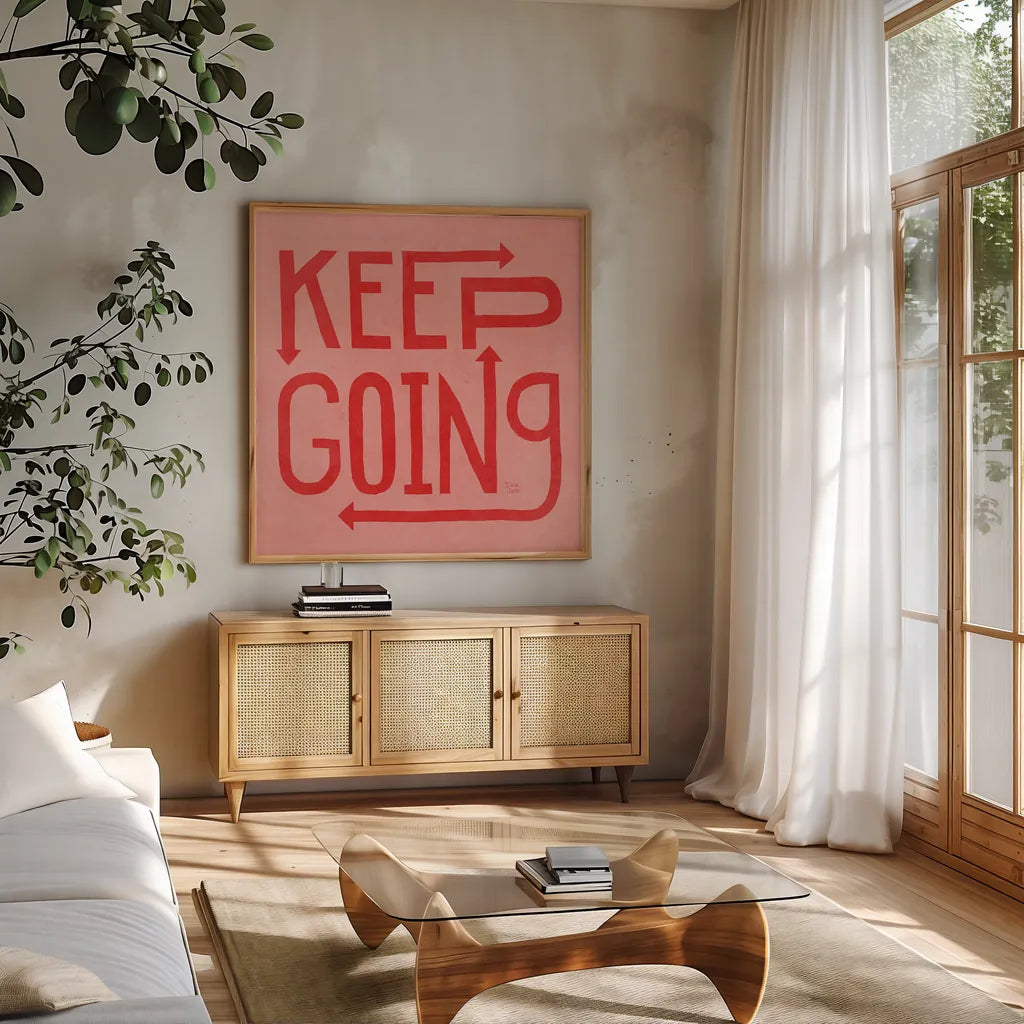 Keep Going I by Dina June. Shown in a natural wood frame in a cozy modern living room. Available as an archival giclee rolled canvas, fine art paper, or poster print. SKU 91812a.