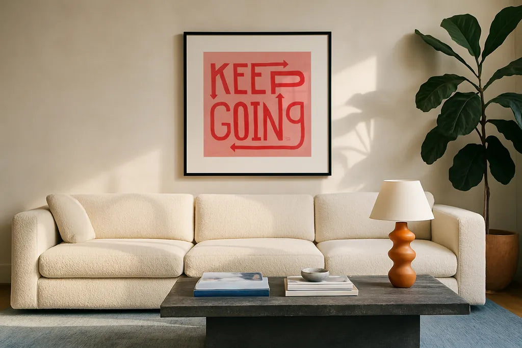 Keep Going I by Dina June. Displayed in a glass frame with matte in a clean modern living room. Available as an archival giclee rolled canvas, fine art paper, or poster print. SKU 91812a.