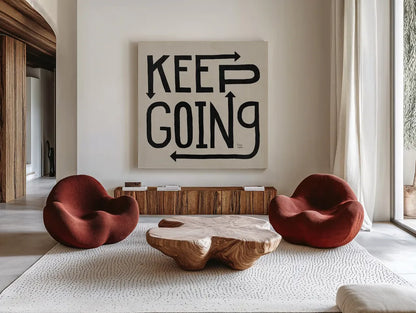 Keep Going I Neutral by Dina June. Shown as extra-large giant wall art in a modern living room. Available as an archival giclee rolled canvas, fine art paper, or poster print. SKU 91813a.
