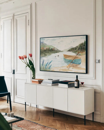 Lake Love I by Dina June. shown as a framed stretched canvas in a living room above a console. Available as a archival giclee rolled canvas, fine art paper, or poster print. SKU 67270i.