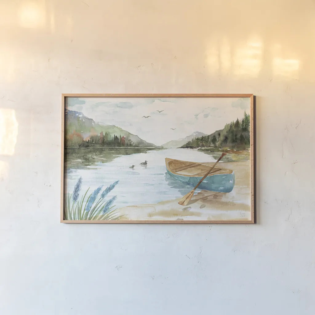 Lake Love I by Dina June. shown as a paper print in a natural frame. Available as a archival giclee rolled canvas, fine art paper, or poster print. SKU 67270i.