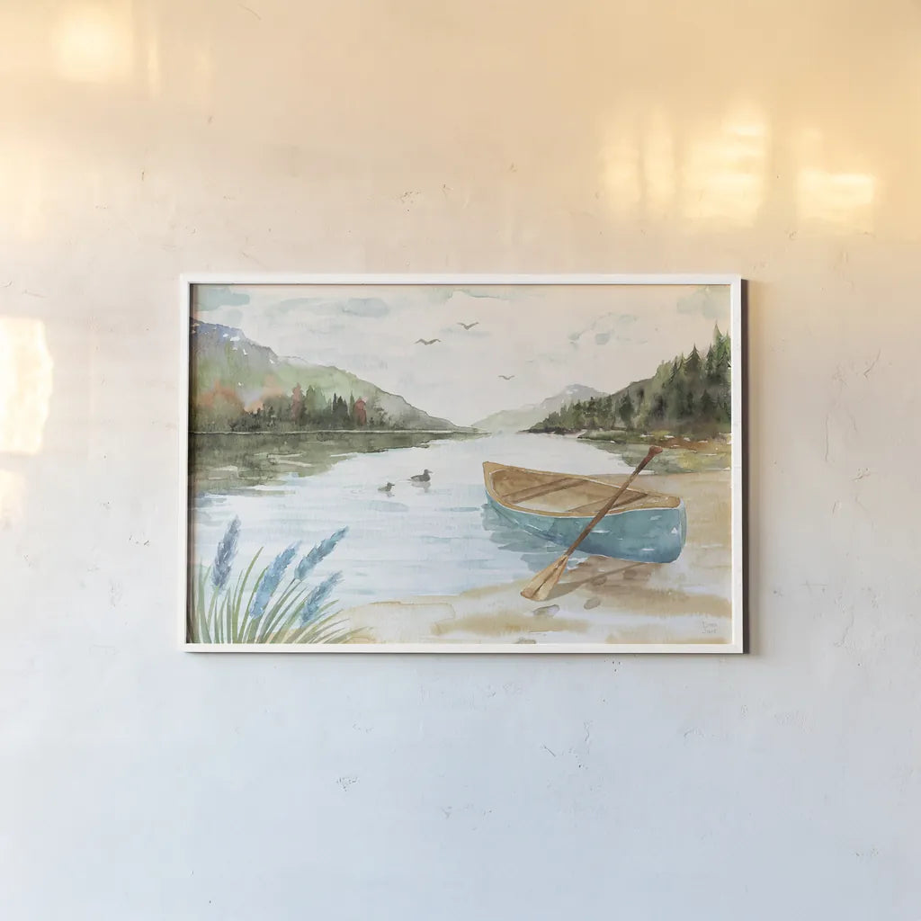 Lake Love I by Dina June. shown as a paper print in a white frame. Available as a archival giclee rolled canvas, fine art paper, or poster print. SKU 67270i.