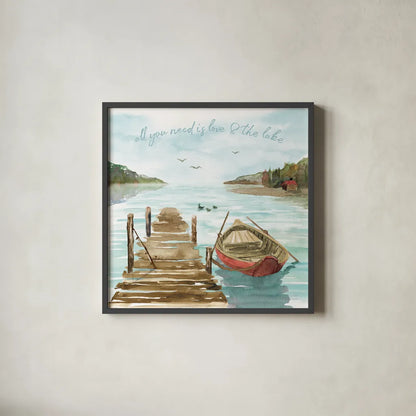 Lake Love II by Dina June. Shown in a sleek black glass frame for a contemporary gallery look. Available as an archival giclee rolled canvas, fine art paper, or poster print. SKU 67271a.