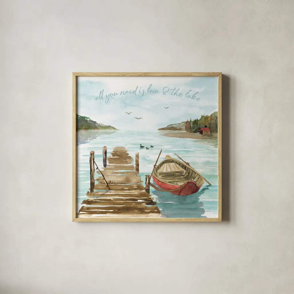 Lake Love II by Dina June. Shown in a natural wood glass frame for a timeless modern aesthetic. Available as an archival giclee rolled canvas, fine art paper, or poster print. SKU 67271a.